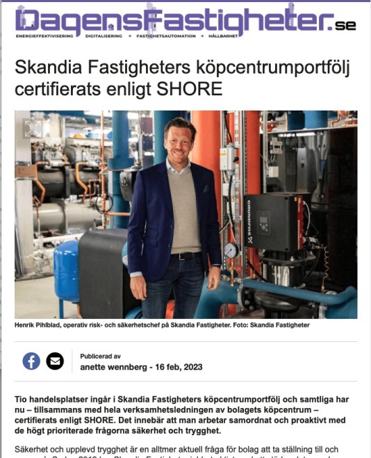 artikel: Skandia Fastigheters k%C3%B6pcentrumportf%C3%B6lj certifierats enligt SHORE