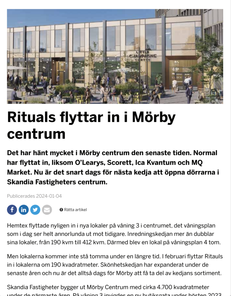 Artikel i Fastighetsvärlden om Mörby Centrum.